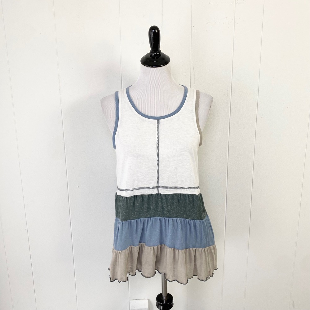 Mystree Colorblock Tiered Sleeveless Tank Top White Blue Tan Size Small Boho